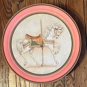 Vintage 1991 Sweetie Bear Bakery Tin Carousel White Horse Peach Gold Cherubs 9.5